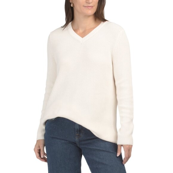 EDINBURGH KNITS White Pima Cotton Ribbed V-neck Sweater - Picture 1 of 2
